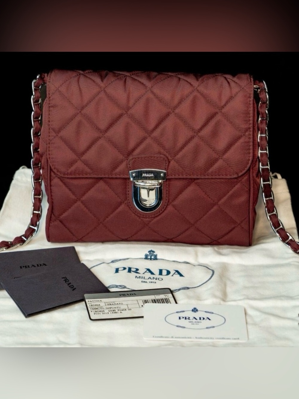 Prada Impuntu Tessuto Quilted Nylon Chain Crossbody Bag Granato w/Dust Bag Cards